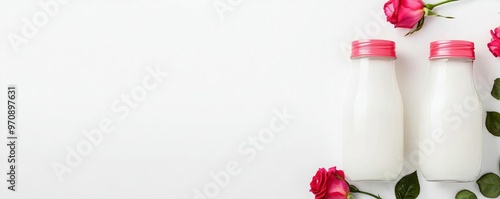 Two glass bottles of milk surrounded by fresh roses, perfect for a romantic or culinary themed design.