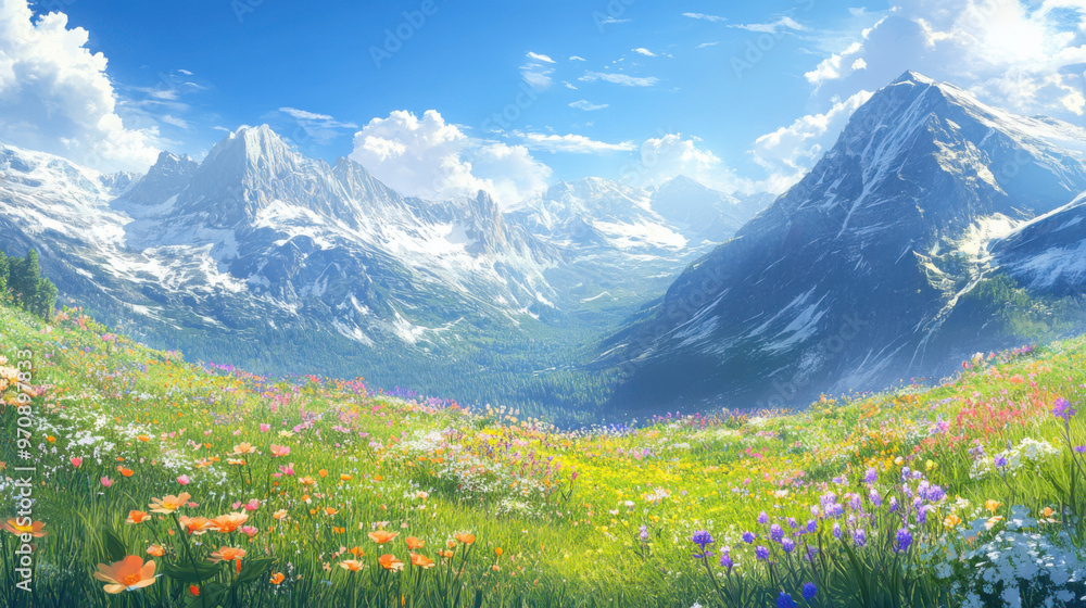 A serene mountain meadow in spring, filled with wildflowers and surrounded by towering peaks under a bright blue sky. A serene mountain meadow in spring, filled with wildflowers and surrounded by towering peaks under a bright blue sky.