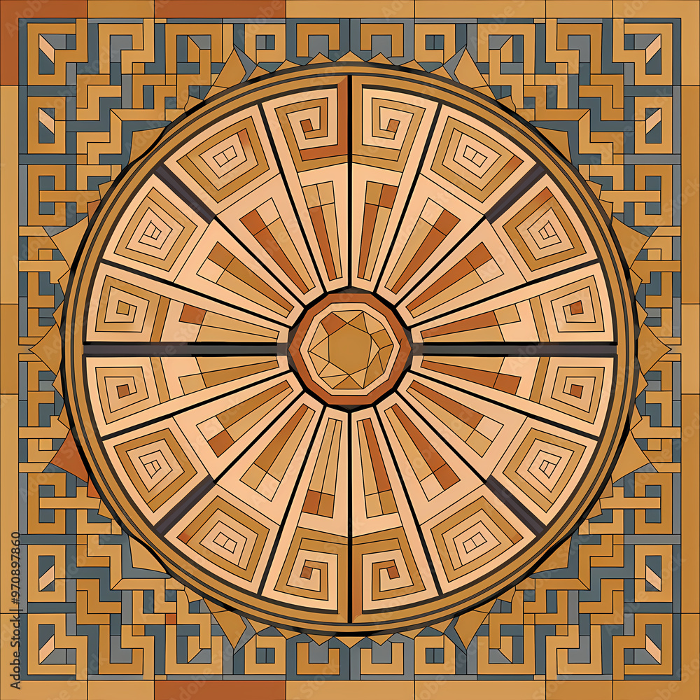 Naklejka premium Roman mosaic mandala with a central sunburst motif