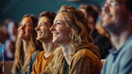A group of people are sitting in a theater, smiling and laughing