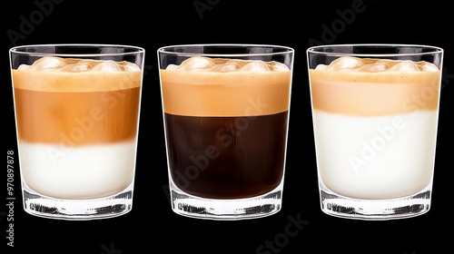 Three elegant glasses showcase delightful layers of coffee, milk, and cream, perfect for a refreshing beverage experience.