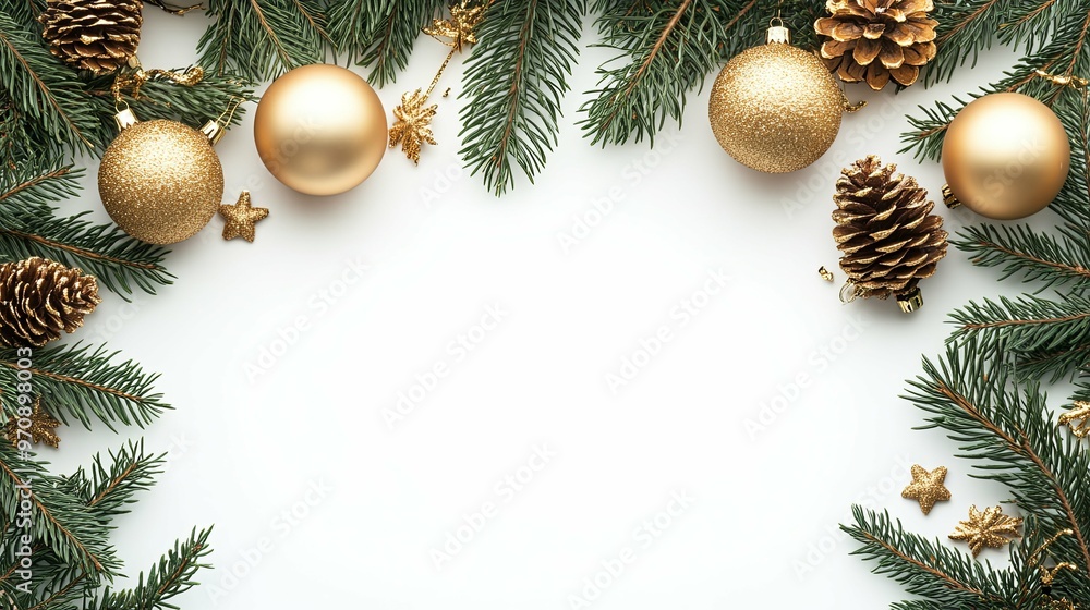 Golden Christmas Ornaments and Pine Branches on White Background Golden Christmas Ornaments and Pine Branches on White Background