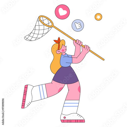 Girl with a net catching likes and stars