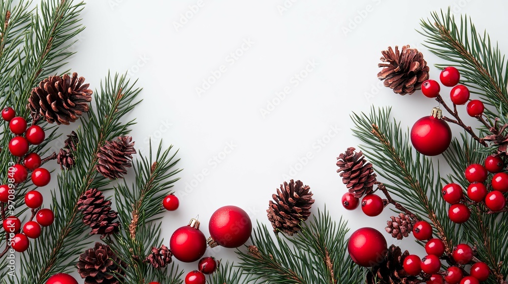 Christmas Decorations with Pine Branches, Ornaments, and Berries Christmas Decorations with Pine Branches, Ornaments, and Berries