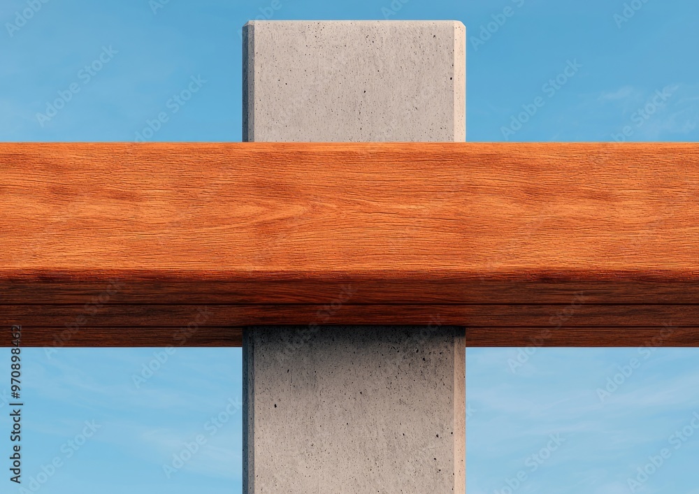 Fototapeta premium A close-up view of a wooden beam intersecting with a concrete pillar under a clear blue sky, showcasing modern architectural design.