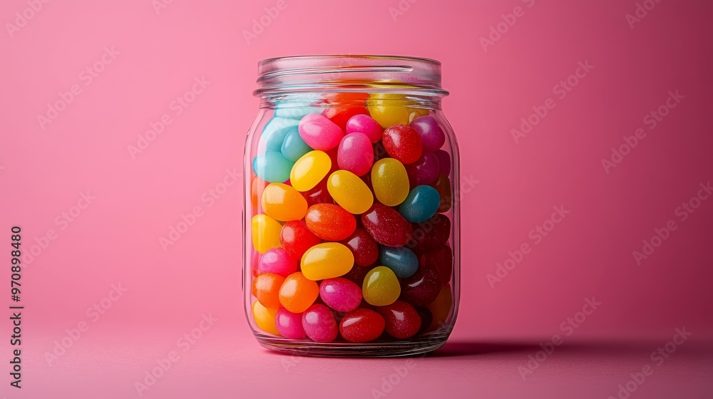 A jar filled with colorful jelly beans against a pink background. A jar filled with colorful jelly beans against a pink background.