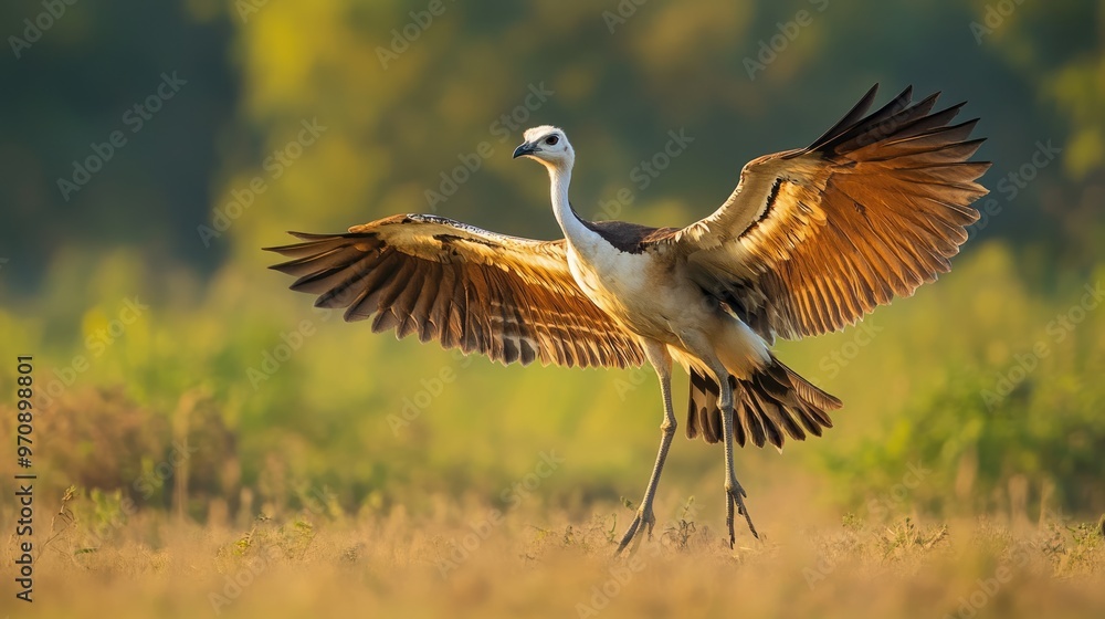 Fototapeta premium A White-Headed Crane Landing with Wings Spread Wide