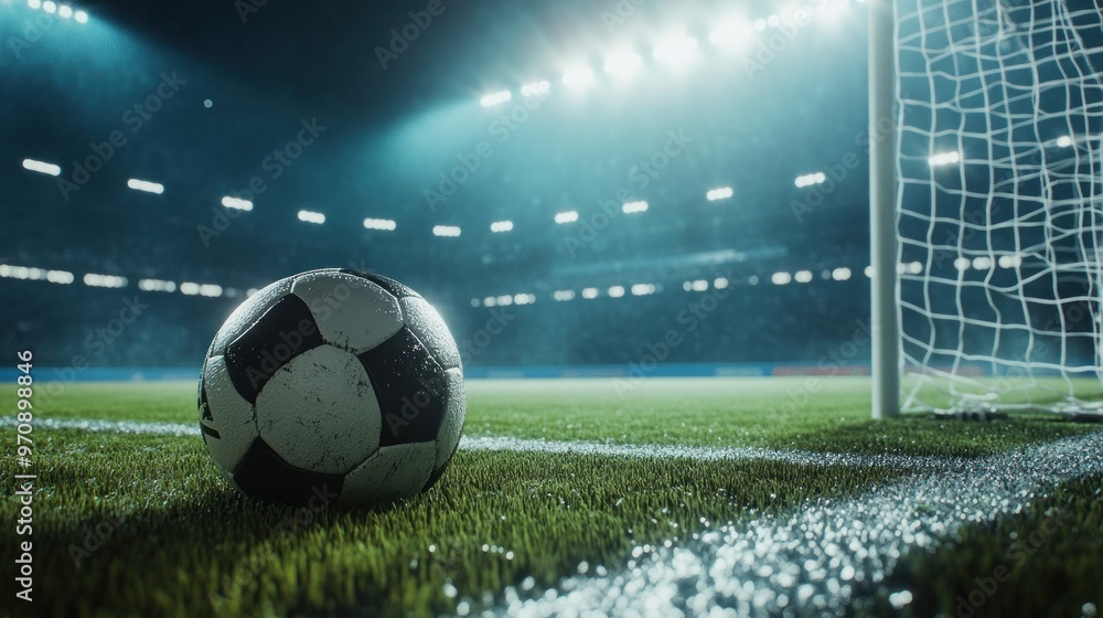 Obraz premium A close-up of a soccer ball on the field near the goalpost, illuminated by stadium lights.