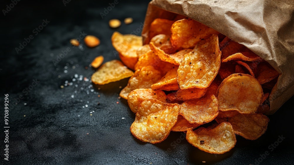 A paper bag spilling out crispy potato chips on a dark surface. A paper bag spilling out crispy potato chips on a dark surface.