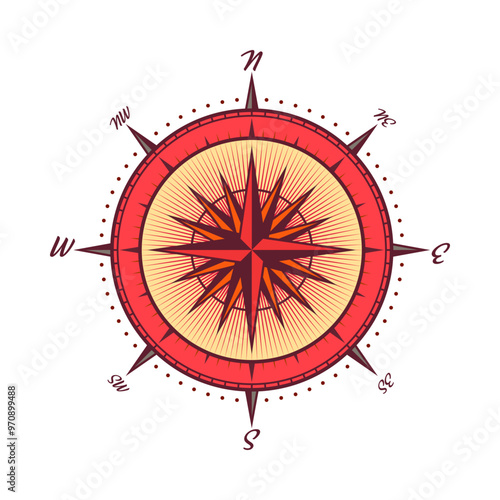 Vintage marine wind rose, nautical chart. Colorful navigational compass with cardinal directions of North, East, South, West. Geographical position, cartography and navigation. Vector illustration