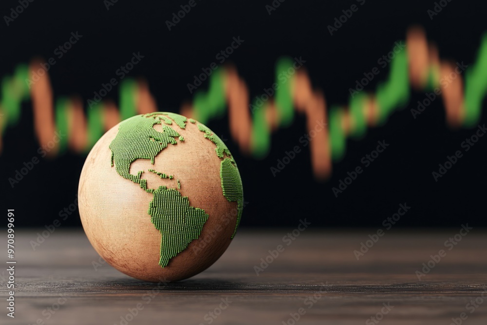 A globe represents global growth, with a background chart indicating economic progress and market trends. A globe represents global growth, with a background chart indicating economic progress and market trends.