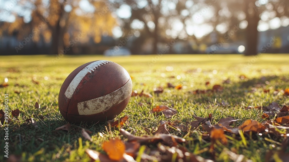 A football resting on grass surrounded by autumn leaves in a serene outdoor setting. A football resting on grass surrounded by autumn leaves in a serene outdoor setting.