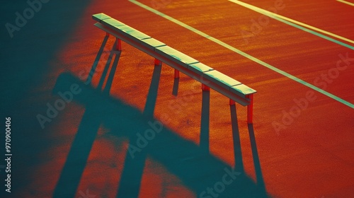 A solitary bench casting long shadows on a vibrant, colorful surface. photo