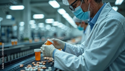 Pharmaceutical factory worker examining medicine bottles in a pill production line, showcasing modern health care and manufacturing technology in the pharmaceutical industry photo