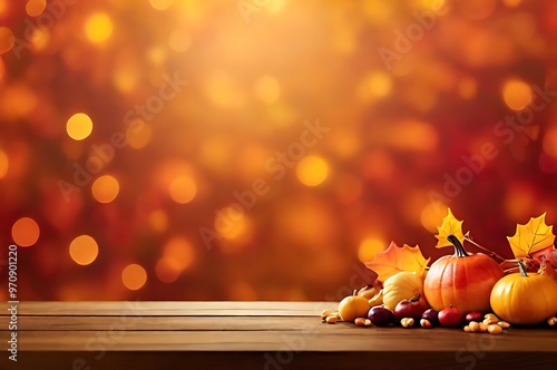 a thanksgiving abstract background with soft bokeh lights, pumpkins, leaves and candles