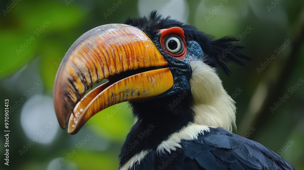 Close-Up of a Wreathed Hornbill with a Colorful Beak Close-Up of a Wreathed Hornbill with a Colorful Beak