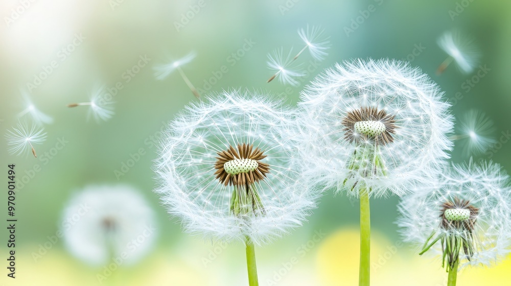 A serene close-up of dandelion flowers, featuring soft fluffy seeds floating in a gentle breeze, capturing a peaceful nature moment. A serene close-up of dandelion flowers, featuring soft fluffy seeds floating in a gentle breeze, capturing a peaceful nature moment.