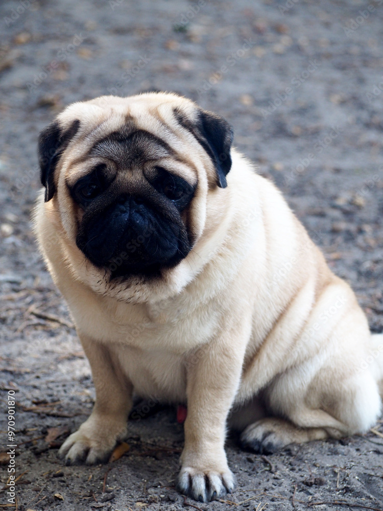pug dog sitting on the ground. pet on a walk. front view pug dog sitting on the ground. pet on a walk. front view