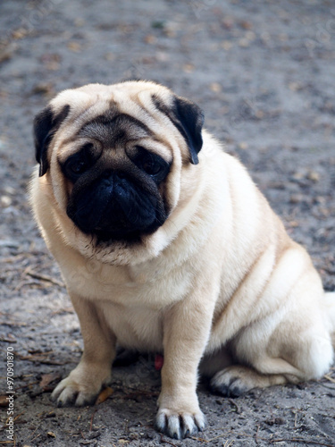 pug dog sitting on the ground. pet on a walk. front view