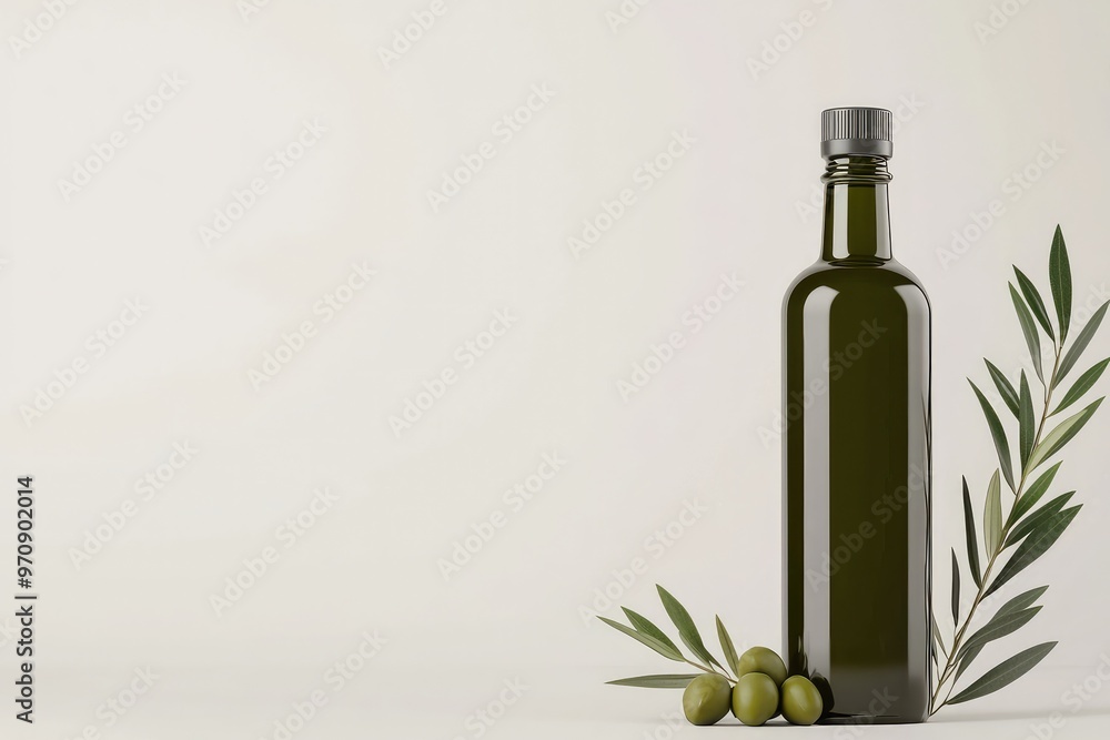 A sleek green olive oil bottle surrounded by fresh olives and olive branches on a minimalistic background. A sleek green olive oil bottle surrounded by fresh olives and olive branches on a minimalistic background.