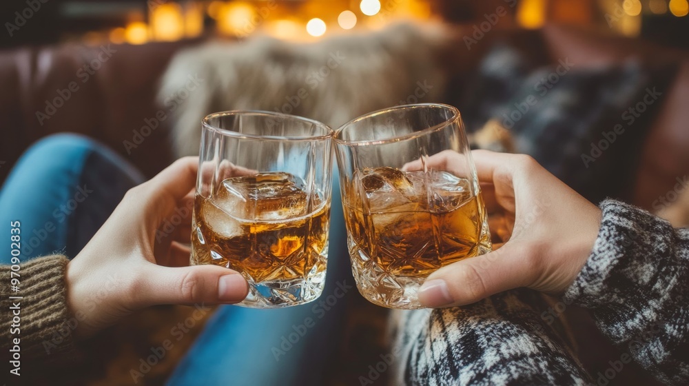Two hands clink glasses of whiskey wiskey on the couch cozy. Bar drinking menu. Two hands clink glasses of whiskey wiskey on the couch cozy. Bar drinking menu.