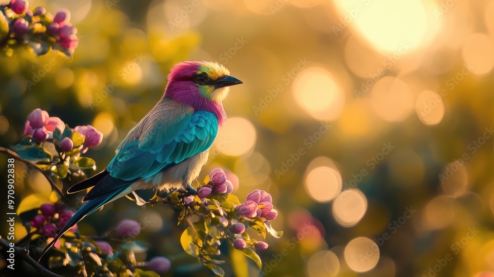 A Vibrant Bird Perched on a Branch with Blossoms A Vibrant Bird Perched on a Branch with Blossoms