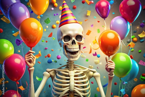 Illustrate a whimsical cartoon of a smiling skeleton with a party hat on its skull, holding a celebratory balloon and surrounded by colorful organs playing party games. photo