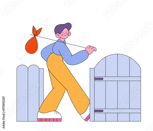 Man walking out the gate with a bindle photo