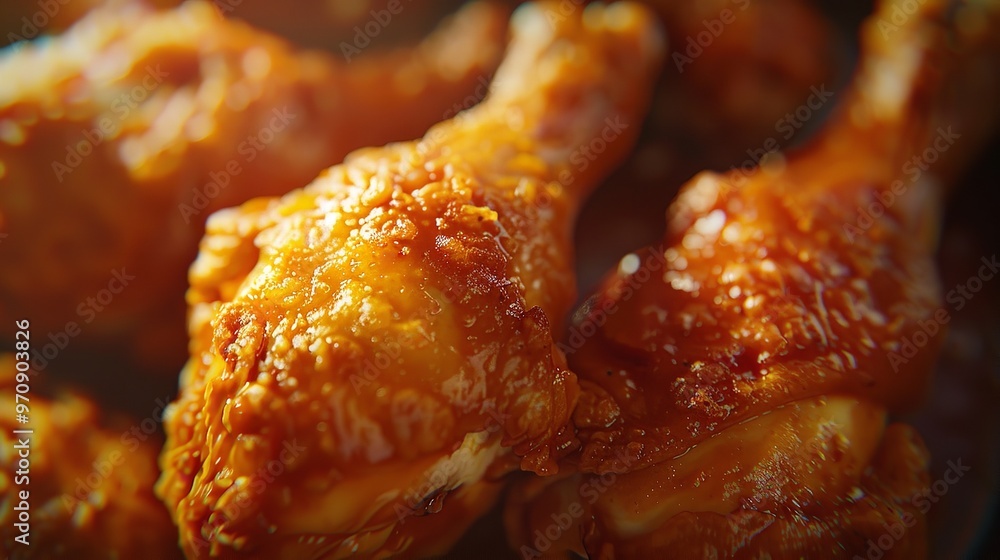 A close up a shot of fried chicken drumsticks highlight food