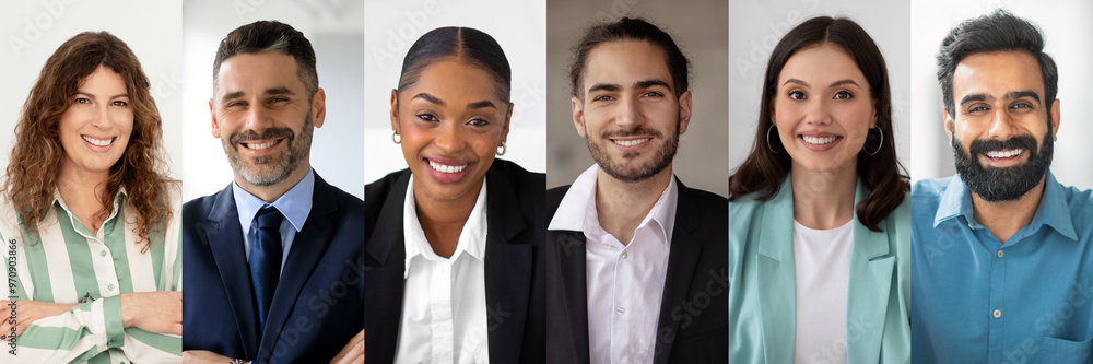 A diverse group of six professionals stands confidently together in a well-lit office space. Each individual smiles warmly, showcasing a range of expressions and styles, panorama A diverse group of six professionals stands confidently together in a well-lit office space. Each individual smiles warmly, showcasing a range of expressions and styles, panorama