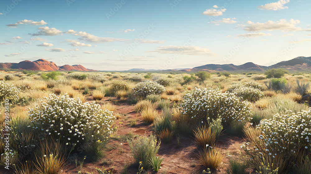 A panoramic shot of the Australian Outback, featuring native shrubs and wildflowers scattered across the desert floor A panoramic shot of the Australian Outback, featuring native shrubs and wildflowers scattered across the desert floor