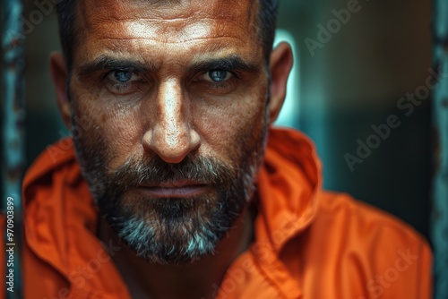 Prisoner wearing orange jumpsuit staring angrily through bars