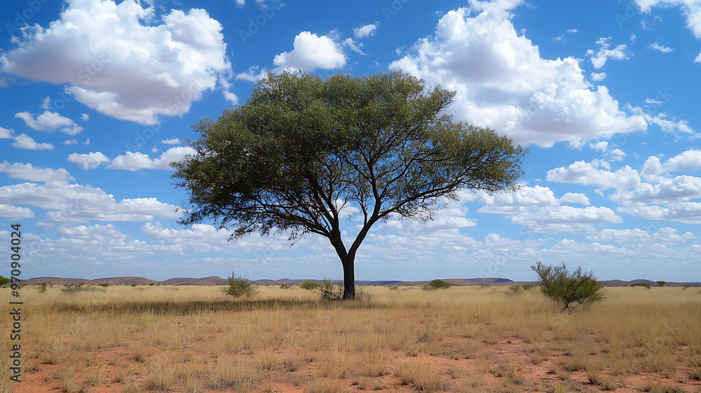 A towering acacia tree providing shade in the vast, sun-drenched expanse of the Outback, with scattered shrubs surrounding it A towering acacia tree providing shade in the vast, sun-drenched expanse of the Outback, with scattered shrubs surrounding it