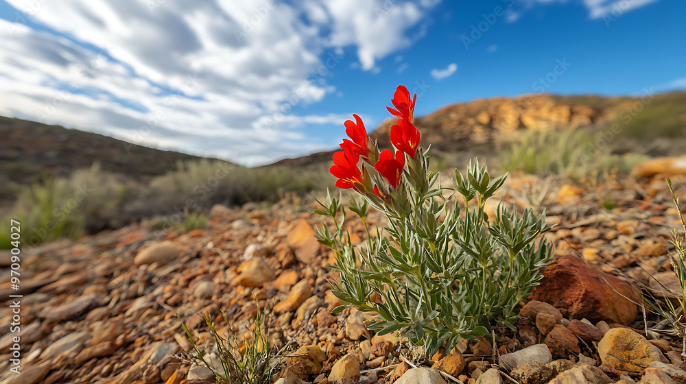 Obraz premium A vibrant red Sturt's desert pea blooming in the dry soil of the Australian Outback, contrasting against the rocky landscape 