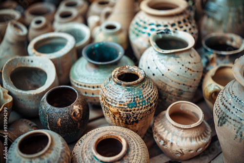 Generative AI photo craftsman shaping clay pot on spinning wheel in pottery studio surrounded by ceramic pieces