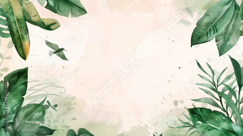 Aesthetic watercolor frame with green tropical leaves, copy space, light background, foliage template. Generative AI
