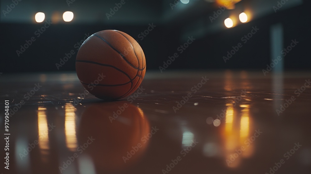 A basketball resting on a polished court floor, reflecting ambient light. A basketball resting on a polished court floor, reflecting ambient light.