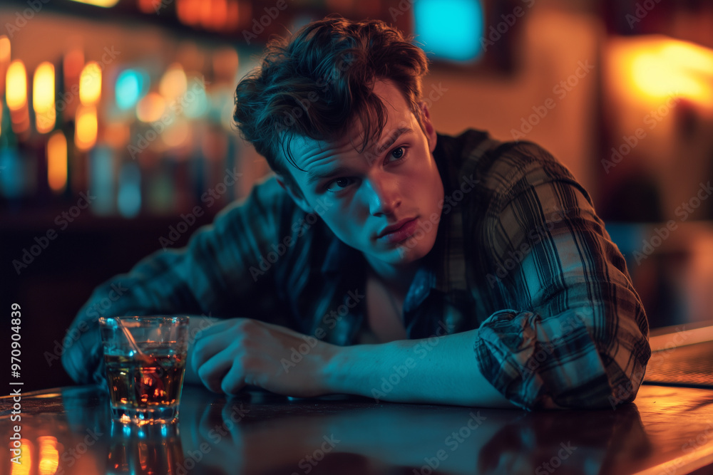 Individual with a vacant expression at a bar, clutching a drink with an empty glass. Individual with a vacant expression at a bar, clutching a drink with an empty glass.
