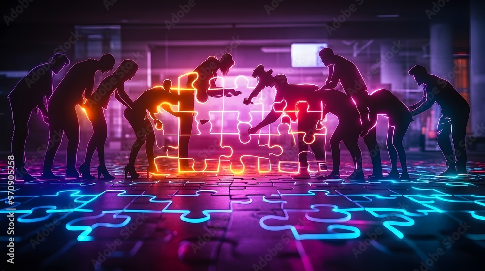 Obraz premium Team Collaboration Puzzle Neon Lights Success Concept