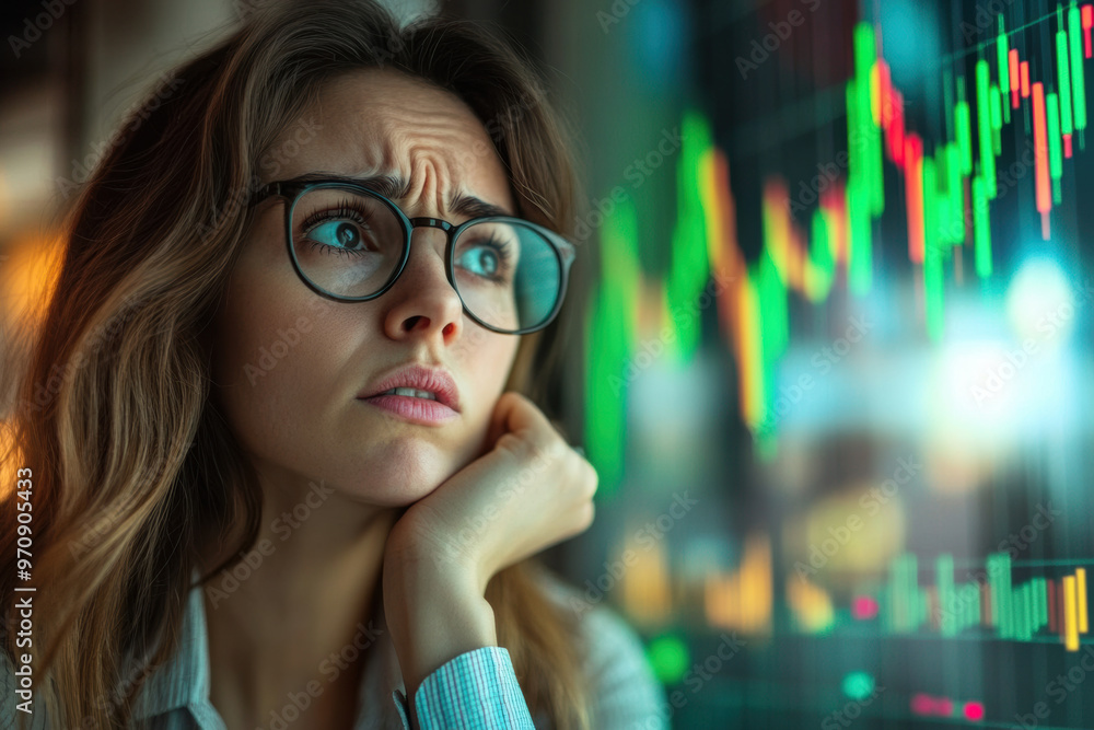 A businesswoman is thoughtfully observing falling interest rate graph, reflecting concern and contemplation about financial trends. Her expression shows weight of economic decisions A businesswoman is thoughtfully observing falling interest rate graph, reflecting concern and contemplation about financial trends. Her expression shows weight of economic decisions