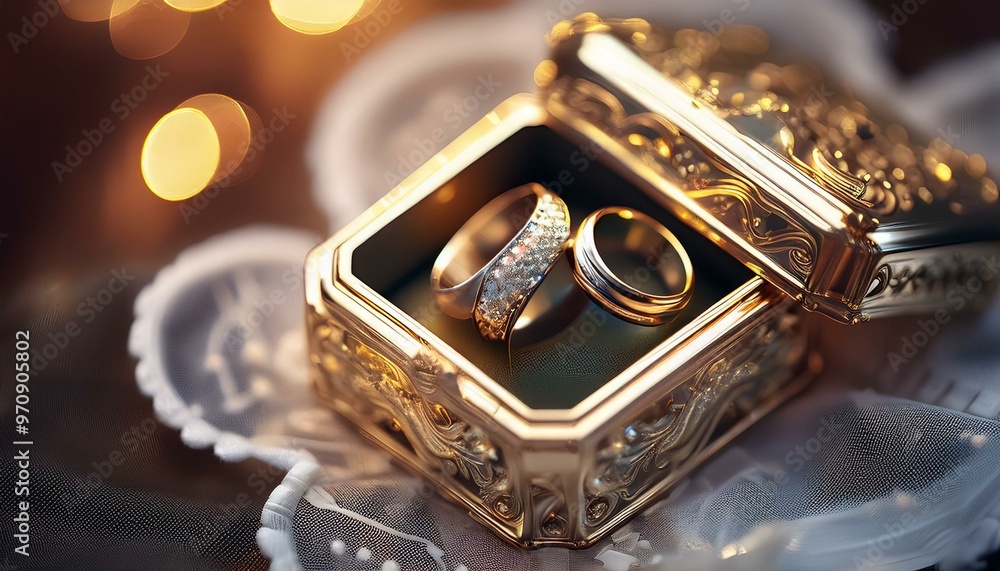 Close up of gold wedding rings in a glass box with diamond earrings on lace Close up of gold wedding rings in a glass box with diamond earrings on lace