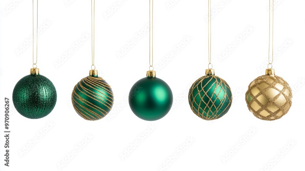 Set of seven golden and green decoration Christmas balls collection hanging isolated Set of seven golden and green decoration Christmas balls collection hanging isolated