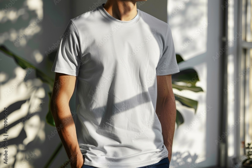Young designer wearing white t-shirt standing near window with green plants Young designer wearing white t-shirt standing near window with green plants