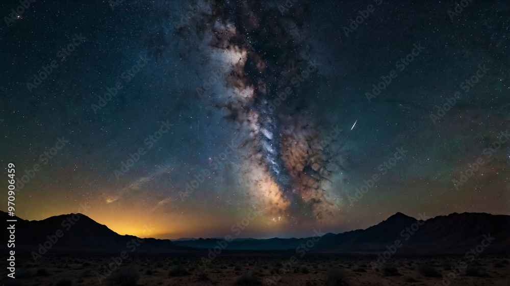 A mesmerizing cosmic scene of the Milky Way galaxy stretching across the night sky, with clusters of stars and vibrant clouds of interstellar dust A mesmerizing cosmic scene of the Milky Way galaxy stretching across the night sky, with clusters of stars and vibrant clouds of interstellar dust