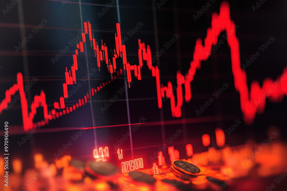 Fototapeta premium image depicts financial market crash with graphs showing significant decline, evoking sense of urgency and concern