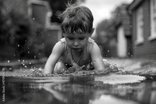 Generative AI picture of a charming boy getting to know the world playing outdoors rainy steet photo