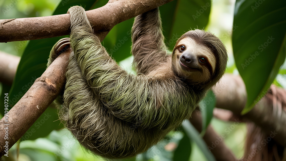 Title: Funny Sloth Hanging on Tree Branch with a Cute Face
Title: Funny Sloth Hanging on Tree Branch with a Cute Face