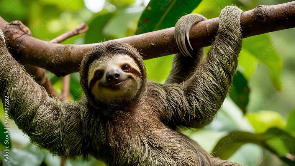 Naklejka premium Title: Funny Sloth Hanging on Tree Branch with a Cute Face