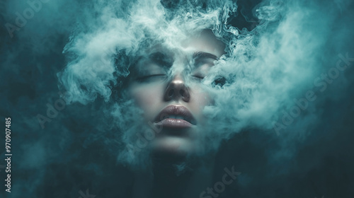 A close-up of a woman’s face surrounded by surreal mist and smoke, creating a dreamlike and mysterious atmosphere.