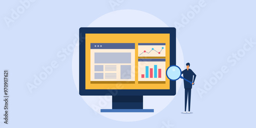 Data analysis focusing on business website revenue and financial investments. Man with magnifying glass monitoring graph diagram on virtual dashboard, vector illustration concept.